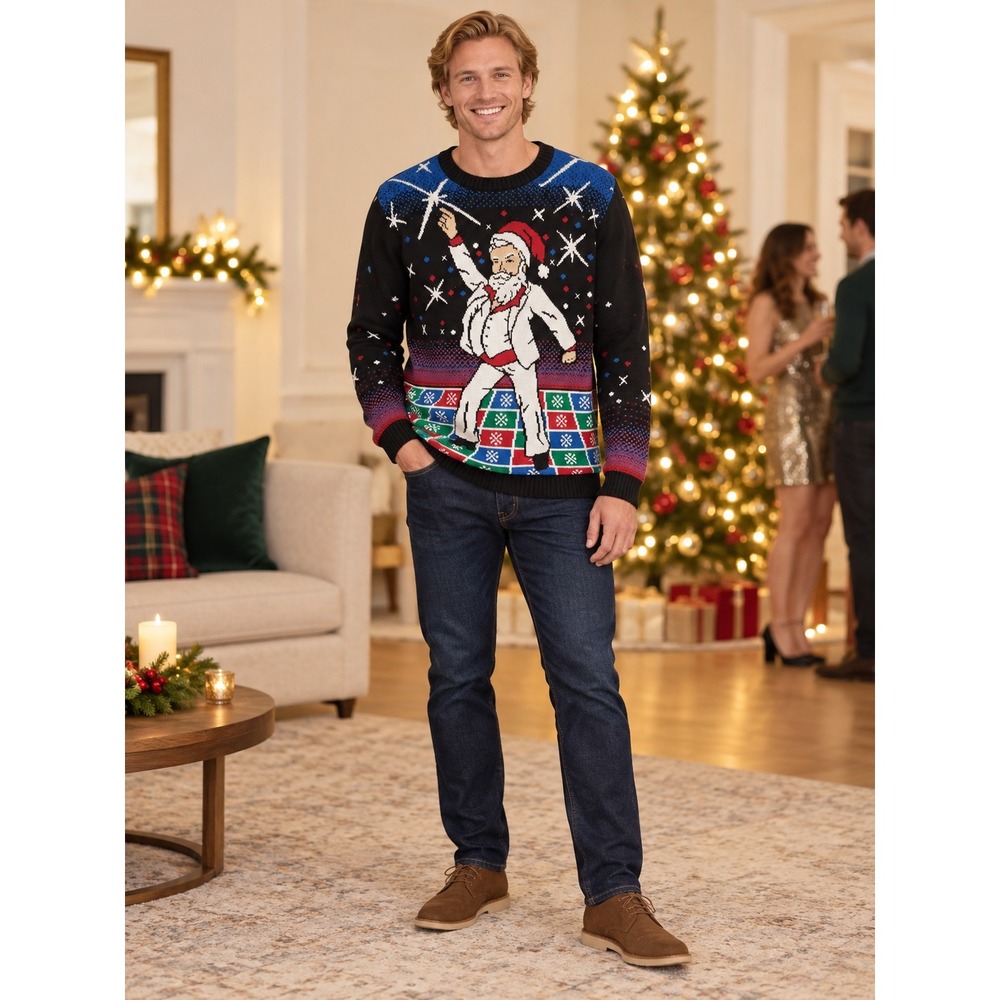 Ugly Christmas Sweater Dancing 70s Disco Santa Holiday Funny Party Knit Black L